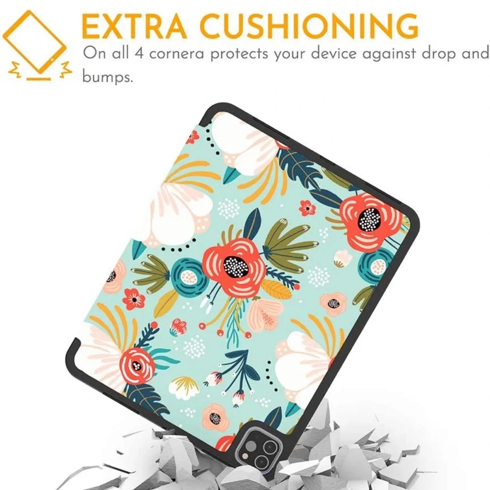 iPad Pro 11 Inch Case Flower with Pencil Holder, Floral TealProtective Cover
